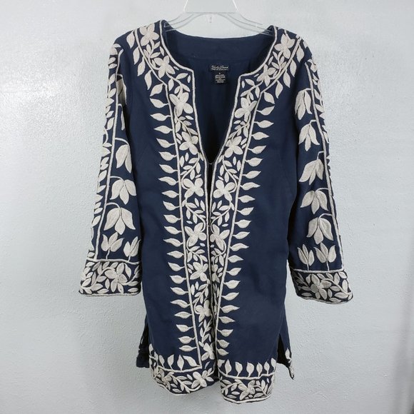 Lucky Brand Women's Blue Floral Embroidered Hook Lined Top Tunic Coat Jacket - Picture 11 of 12